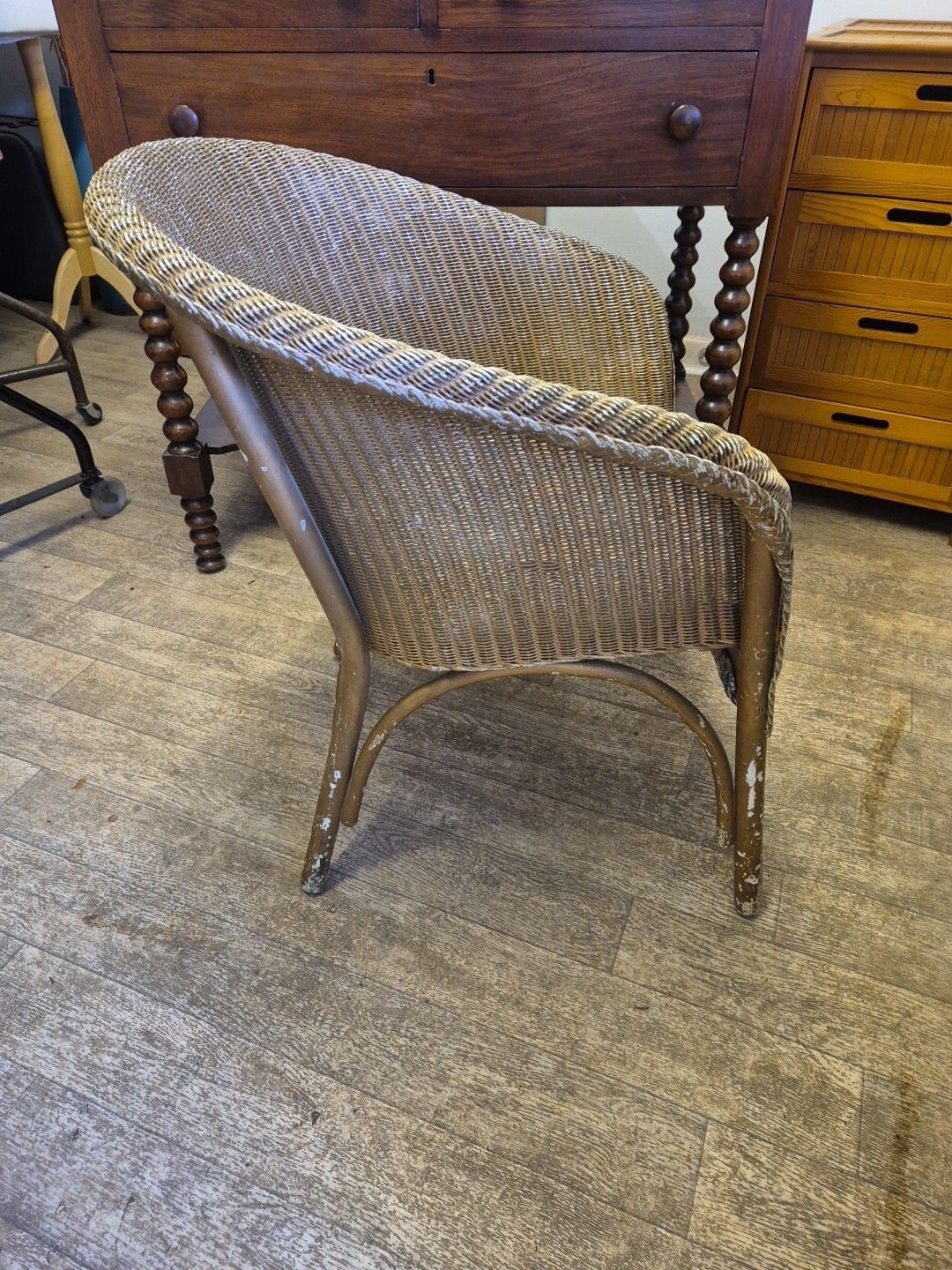 photo for sale Vintage Lloyd Loom Style Chair In Gold With Multi Floral Seat