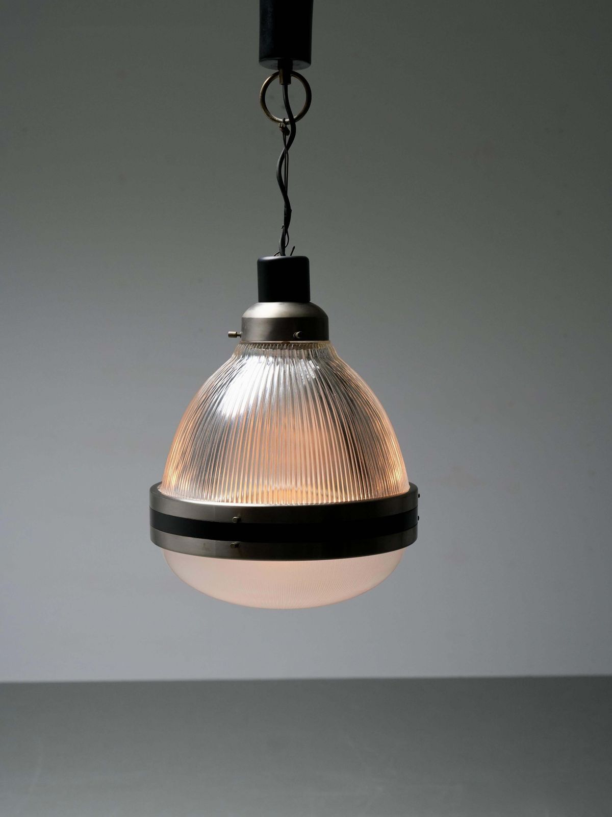 Pendant In Black Painted Metal And Glass, Italy, 1960's photo Lighting