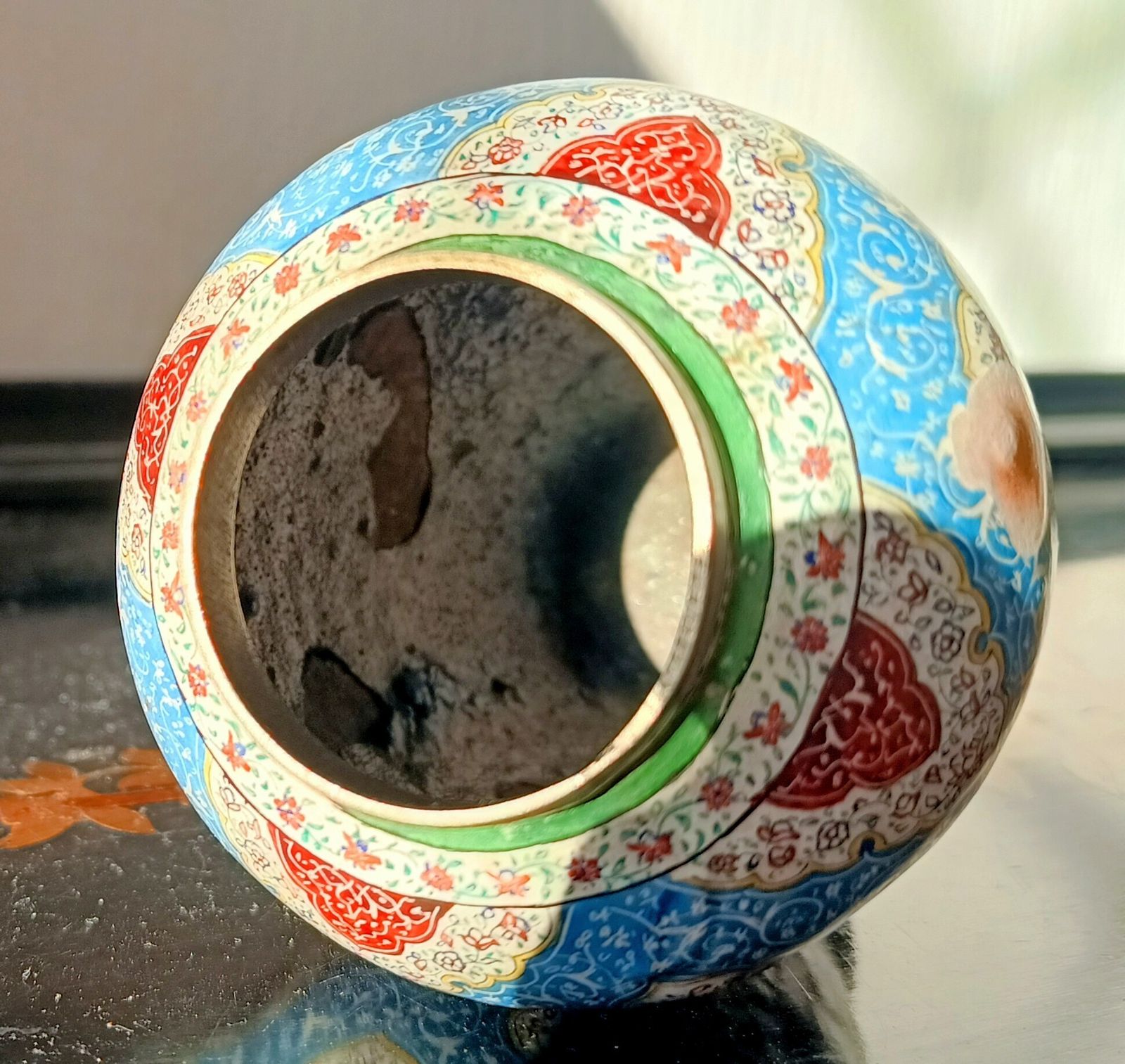 photo for sale Antique Persian Enamelled Miniature Copper Vase: Isfahan  Hand Painted Birds And Flowers, Qajar Era C. 1900