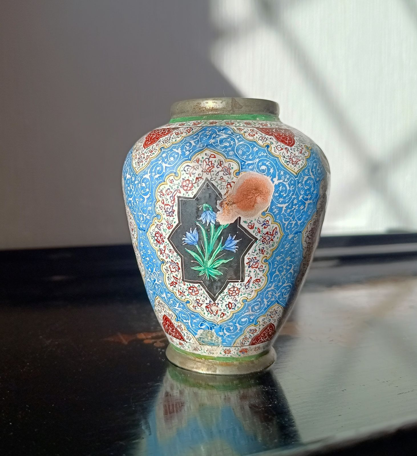 photo furniture Antique Persian Enamelled Miniature Copper Vase: Isfahan  Hand Painted Birds And Flowers, Qajar Era C. 1900