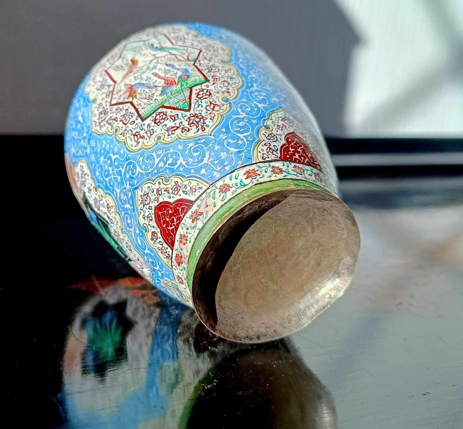 Home Decor Antique Persian Enamelled Miniature Copper Vase: Isfahan  Hand Painted Birds And Flowers, Qajar Era C. 1900 photo