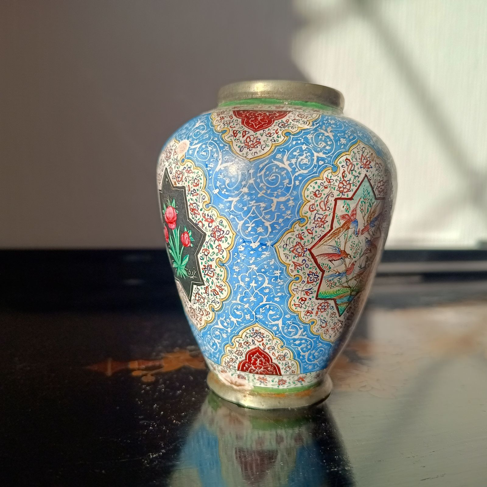 photo vinterior Antique Persian Enamelled Miniature Copper Vase: Isfahan  Hand Painted Birds And Flowers, Qajar Era C. 1900