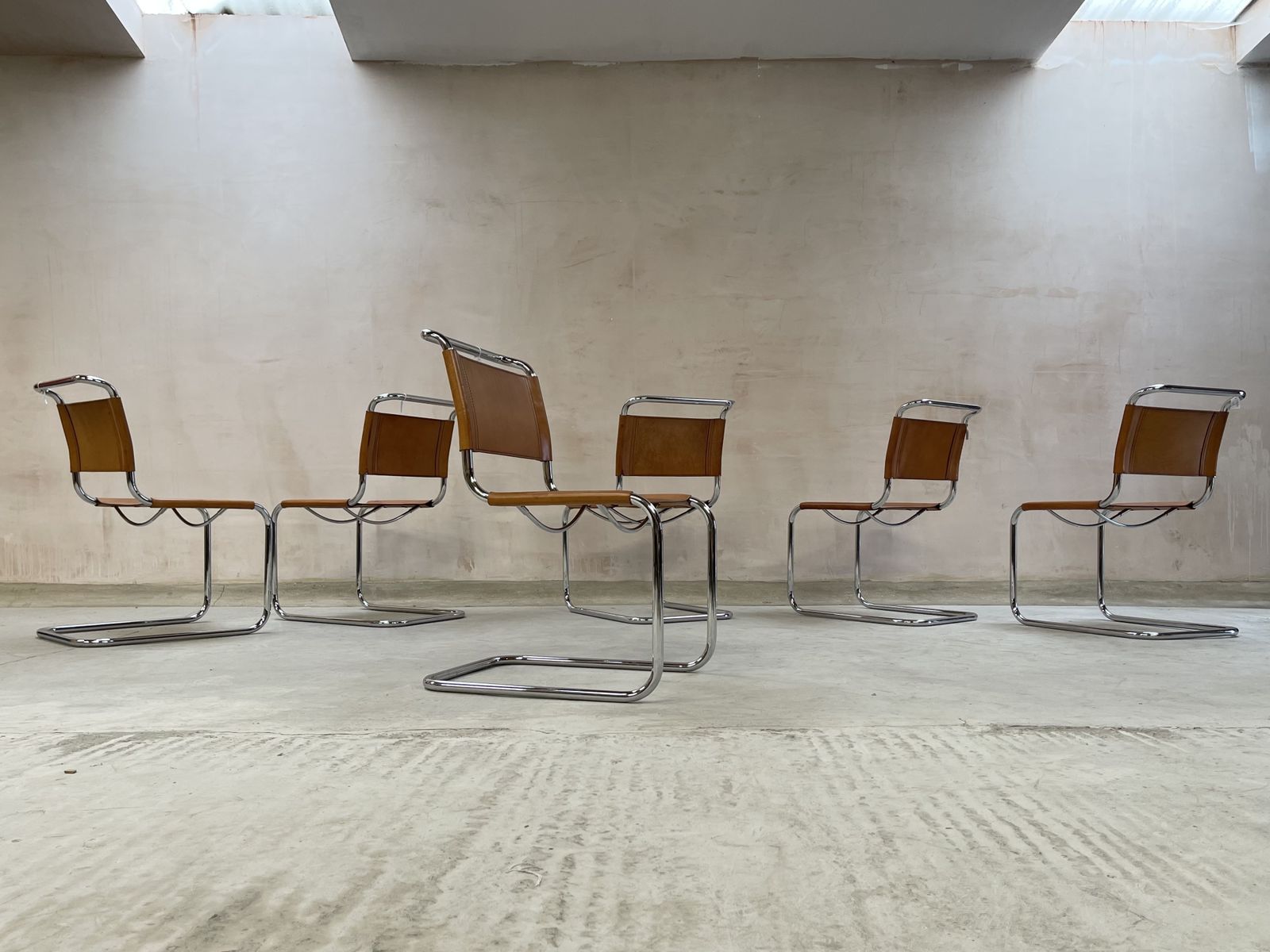 6 Dining Chairs Mart Stam Marcel Breuer S33 Set Of Six Fasem Chrome Tan Brown Cognac Leather Cantilever Bauhaus 6 Mid Century Dining Chairs photo for sale