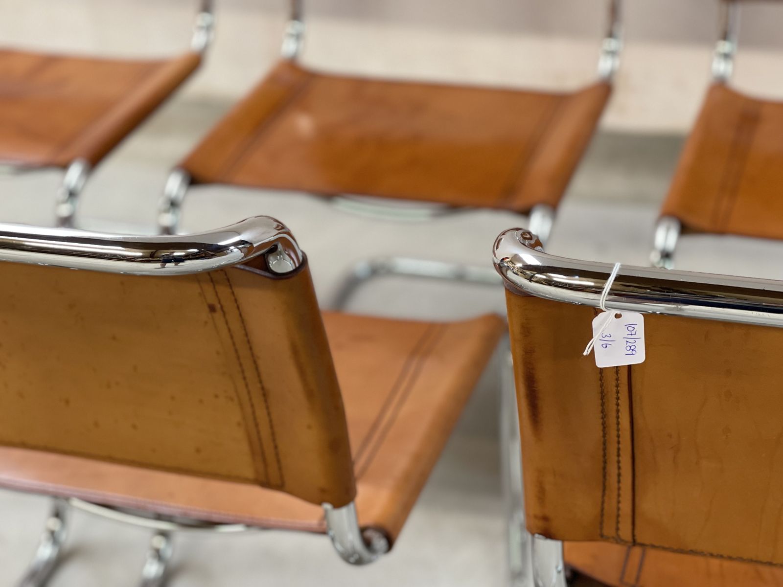 Furniture 6 Dining Chairs Mart Stam Marcel Breuer S33 Set Of Six Fasem Chrome Tan Brown Cognac Leather Cantilever Bauhaus 6 Mid Century Dining Chairs photo