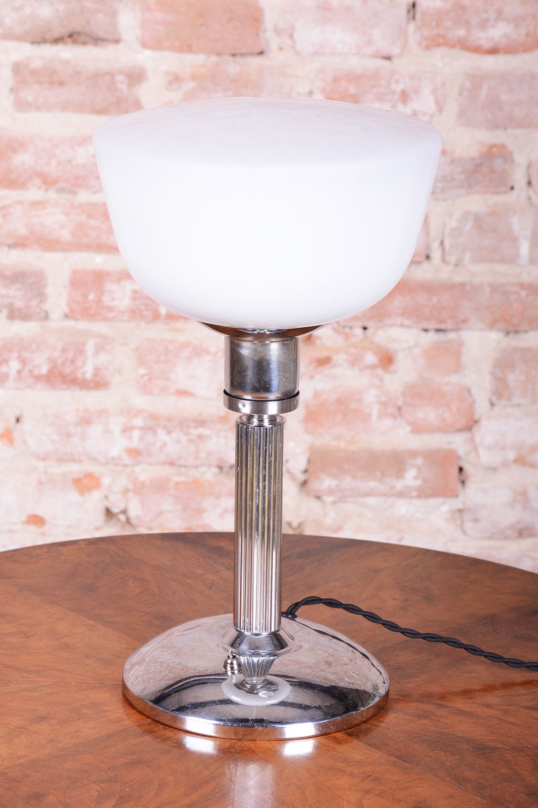 Restored Bauhaus Table Lamp, Chrome, Steel, Opaline Glass, Czech, 1930s photo for sale