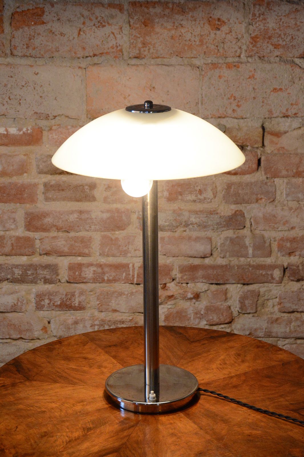 Restored Bauhaus Table Lamp, Chrome, Steel, Opaline Glass, Czech, 1930s photo vintage