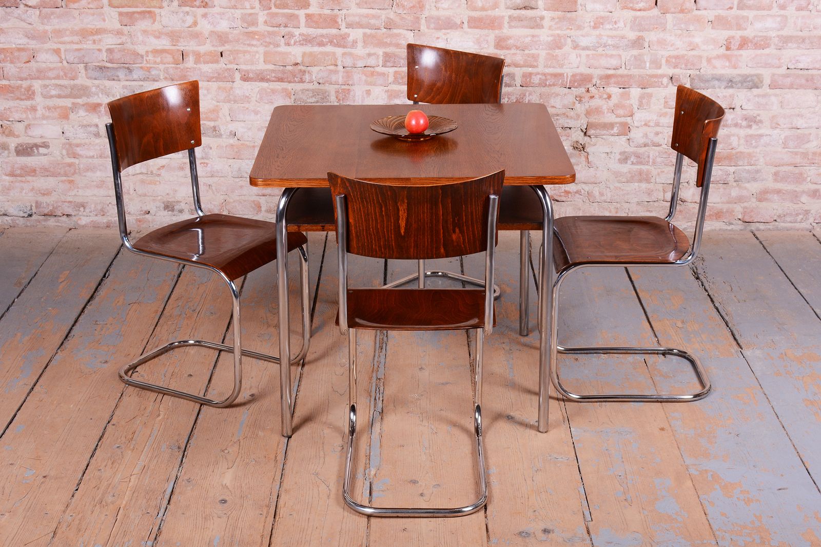 Furniture Set Of Four Restored Bauhaus Chairs, Beech, Chrome Plated Steel, Czech, 1930s photo