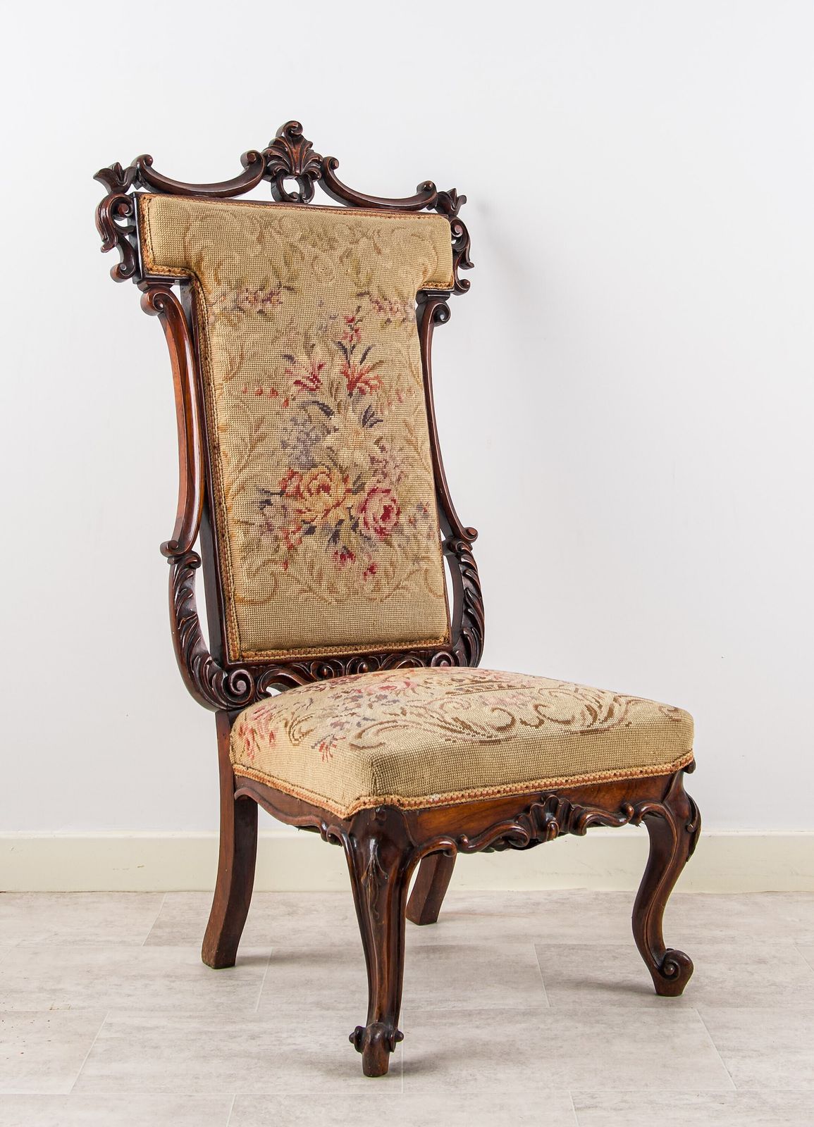 Late 19th Century Carved Walnut Side Chair With Tapestry Upholstery
