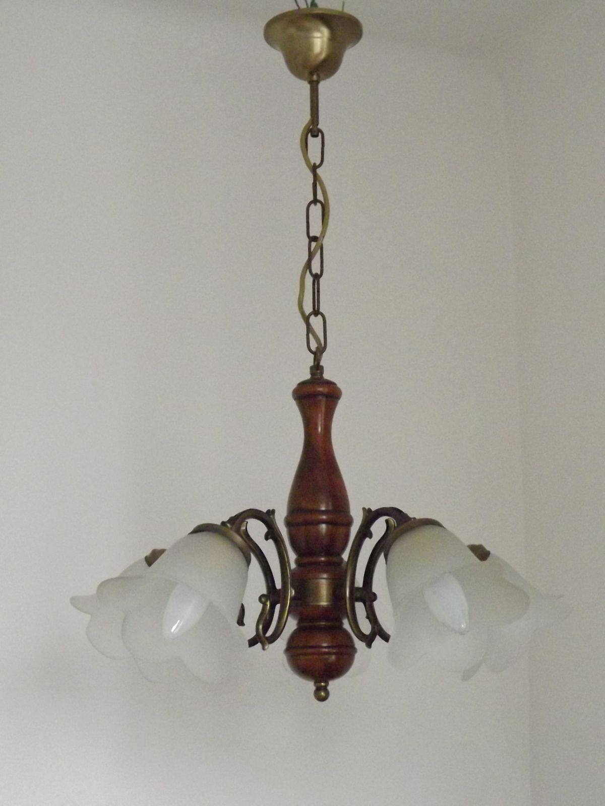 French Mid Century Bronzed Effect Metal & Wood 5 Light Chandelier With White Opaque Glass Flower Shades photo for sale