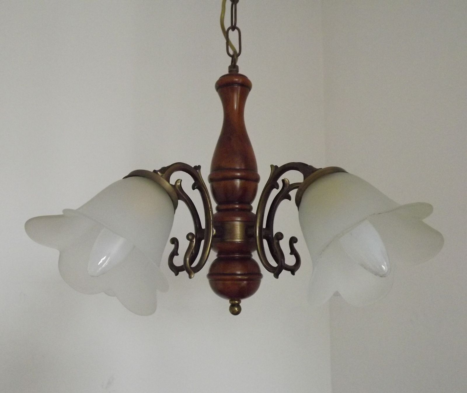 French Mid Century Bronzed Effect Metal & Wood 5 Light Chandelier With White Opaque Glass Flower Shades photo Lighting