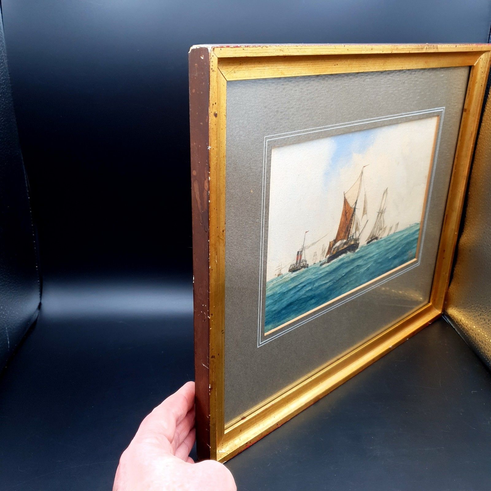 Antique Maritime Watercolour Signed J.W 1878 Fishing Fleet Scene L38x32cm Framed photo for sale