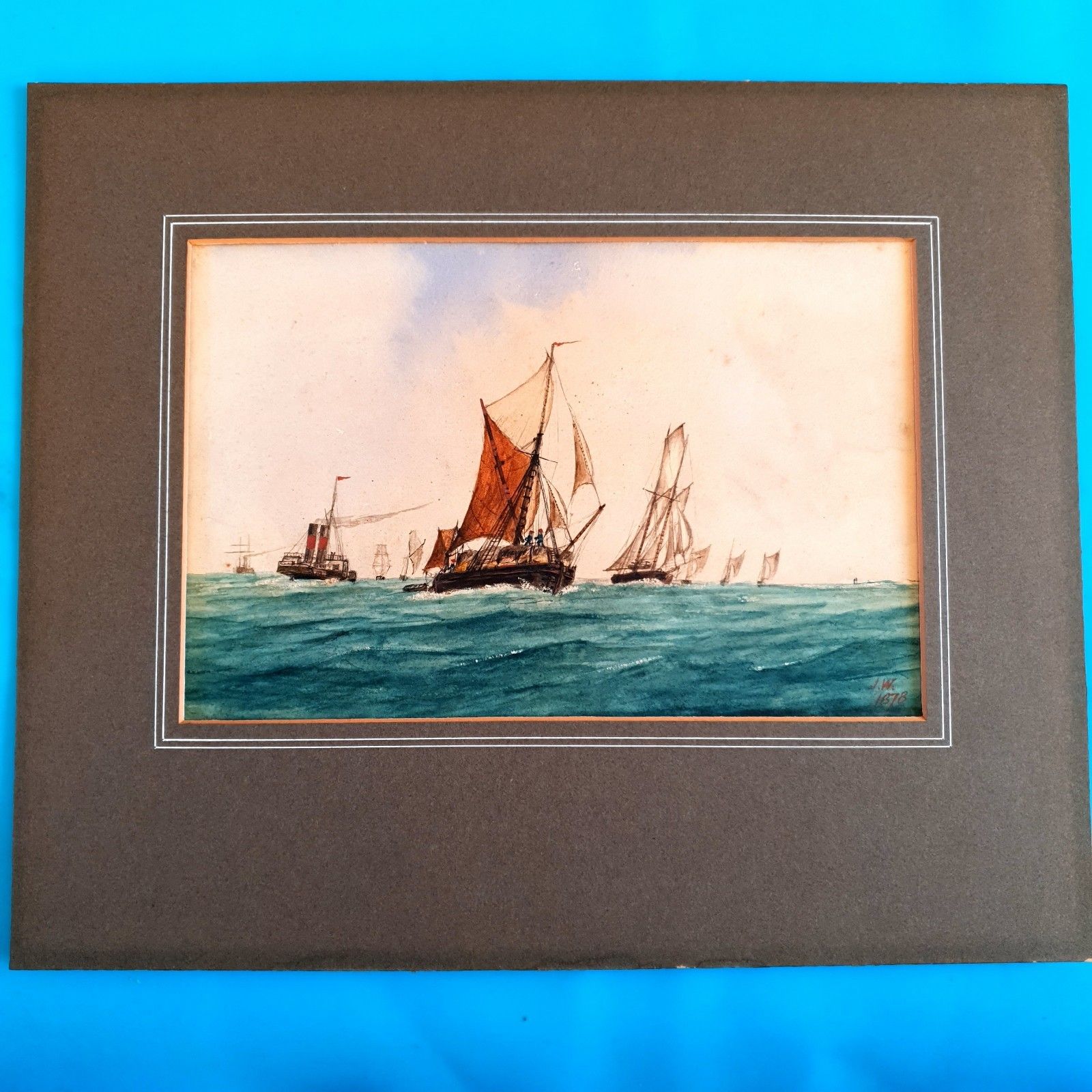 Antique Maritime Watercolour Signed J.W 1878 Fishing Fleet Scene L38x32cm Framed photo Art