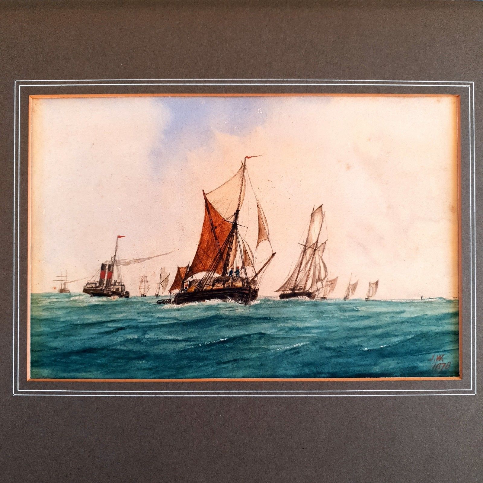 Antique Maritime Watercolour Signed J.W 1878 Fishing Fleet Scene L38x32cm Framed photo 130.0