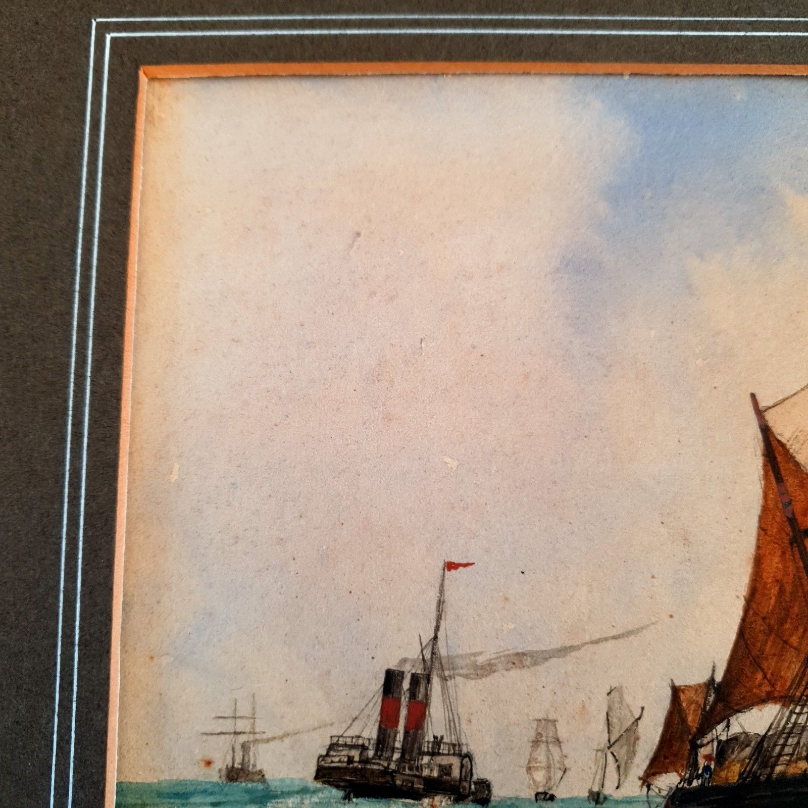 photo furniture Antique Maritime Watercolour Signed J.W 1878 Fishing Fleet Scene L38x32cm Framed