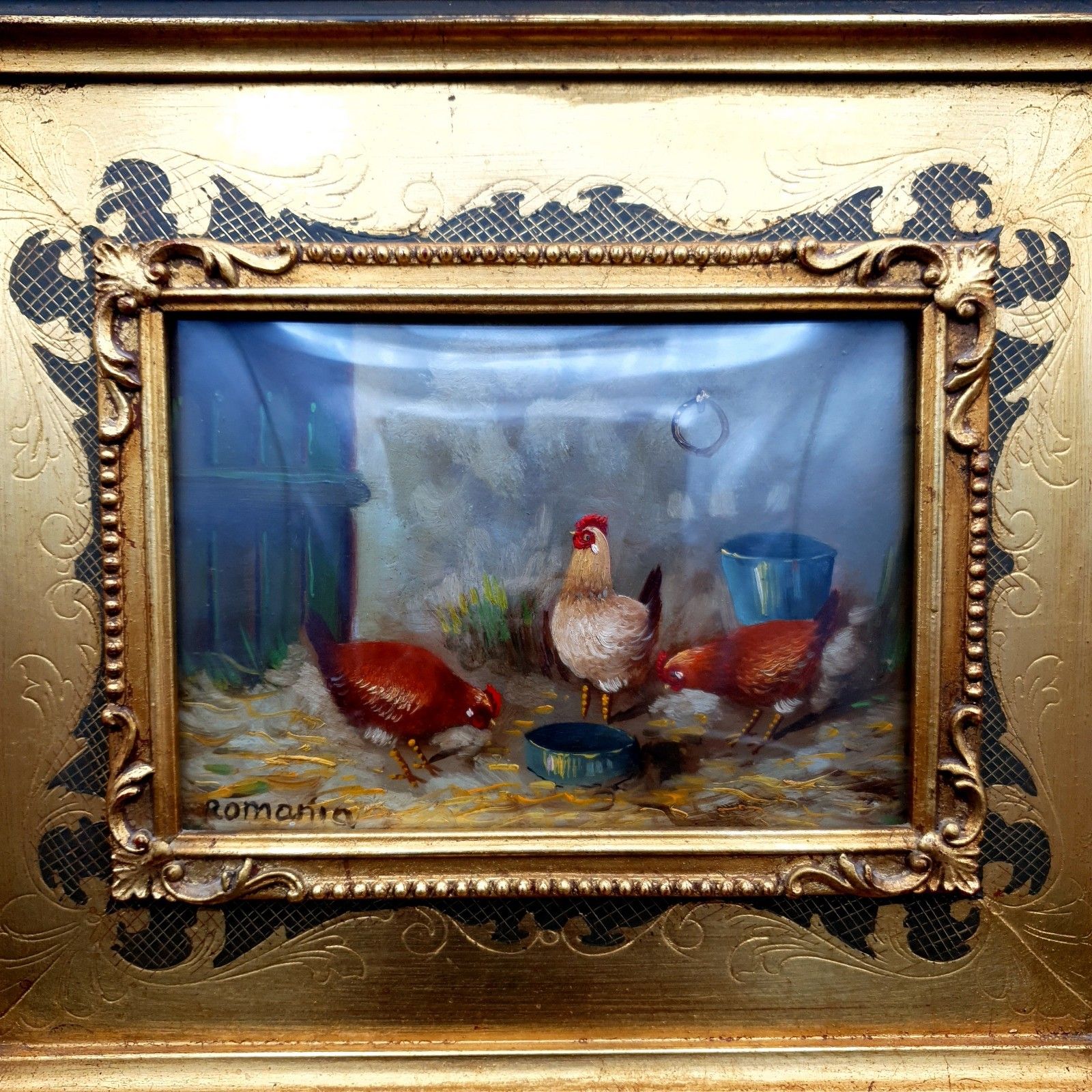 Italian Gaetano Romania Oil Painting Chickens Rococo Style Frame L33.5x28.5cm photo furniture
