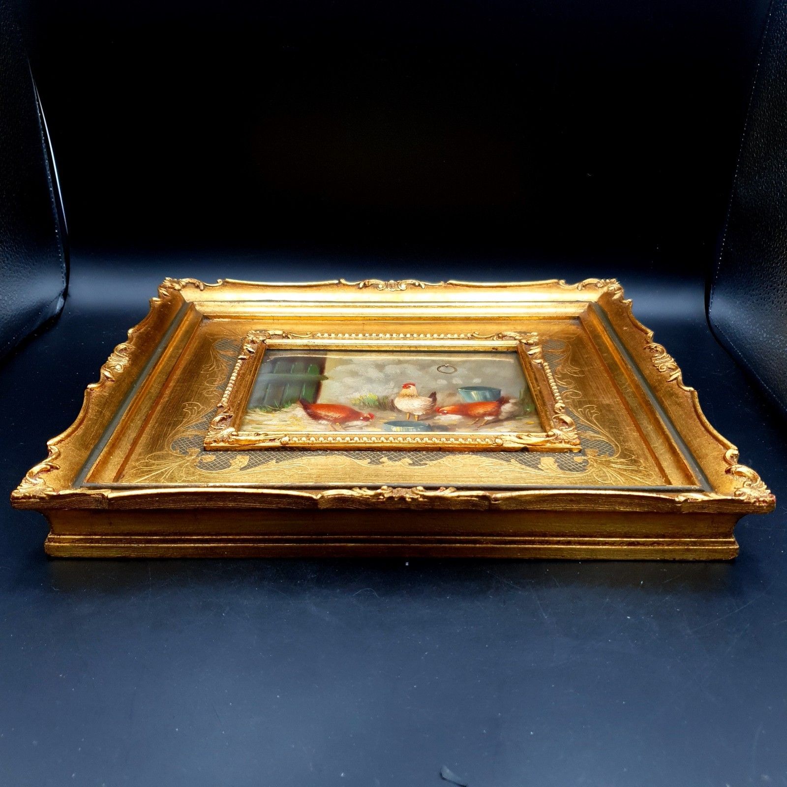 photo furniture Italian Gaetano Romania Oil Painting Chickens Rococo Style Frame L33.5x28.5cm