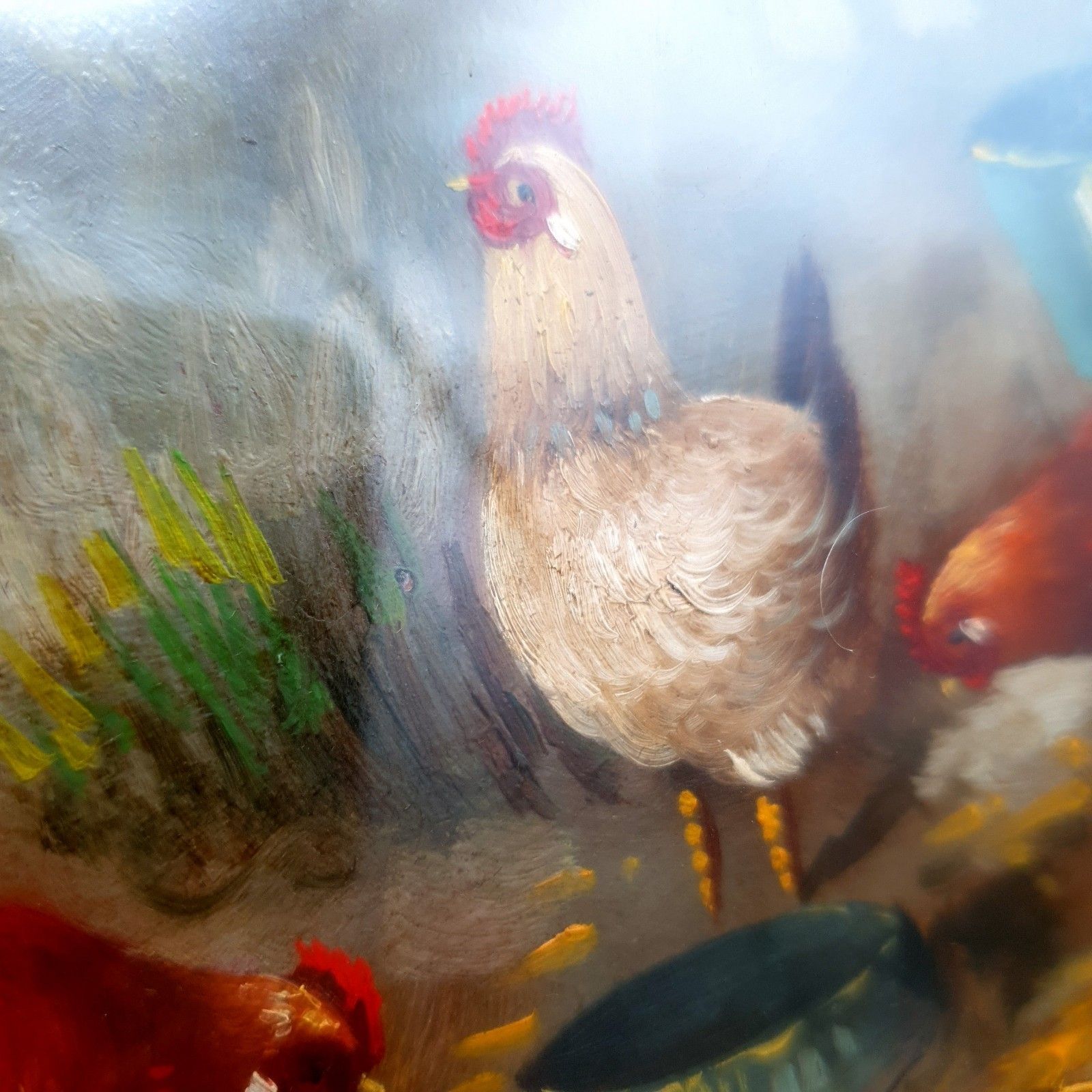 400.0 Italian Gaetano Romania Oil Painting Chickens Rococo Style Frame L33.5x28.5cm photo
