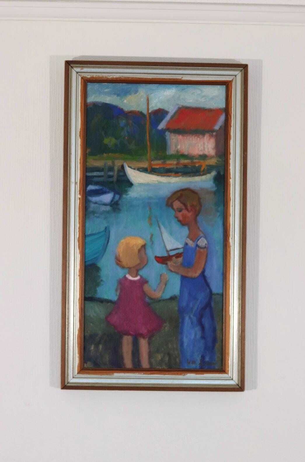 375.0 Original Mid Century Swedish Oil On Canvas – “Children Play” By Wilhelm Sjöholm – Vintage & Framed  78 × 44 Cm (30.7" × 17.3") photo