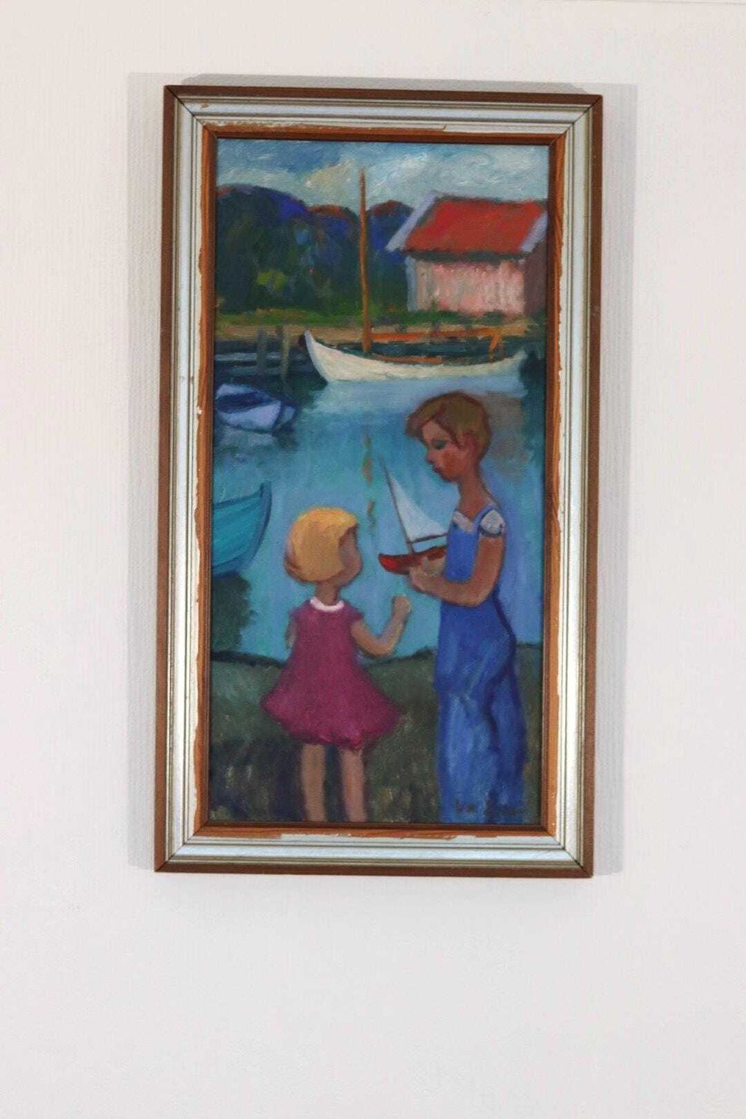 photo vinterior Original Mid Century Swedish Oil On Canvas – “Children Play” By Wilhelm Sjöholm – Vintage & Framed  78 × 44 Cm (30.7" × 17.3")