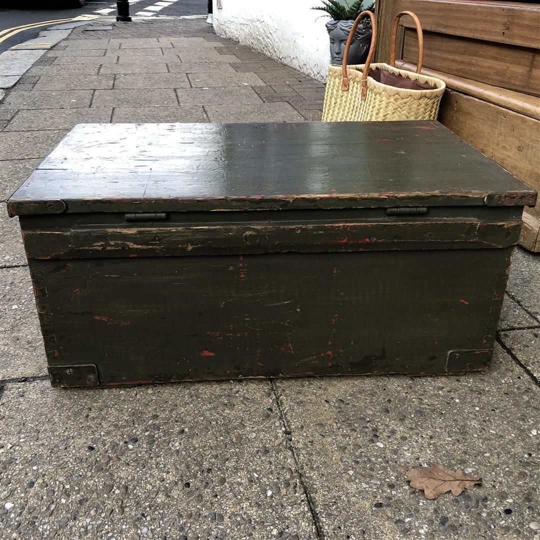 Vintage Wooden Lockable Carry Box With Steel Bindings, In Green Paint, Possibly Military photo Furniture