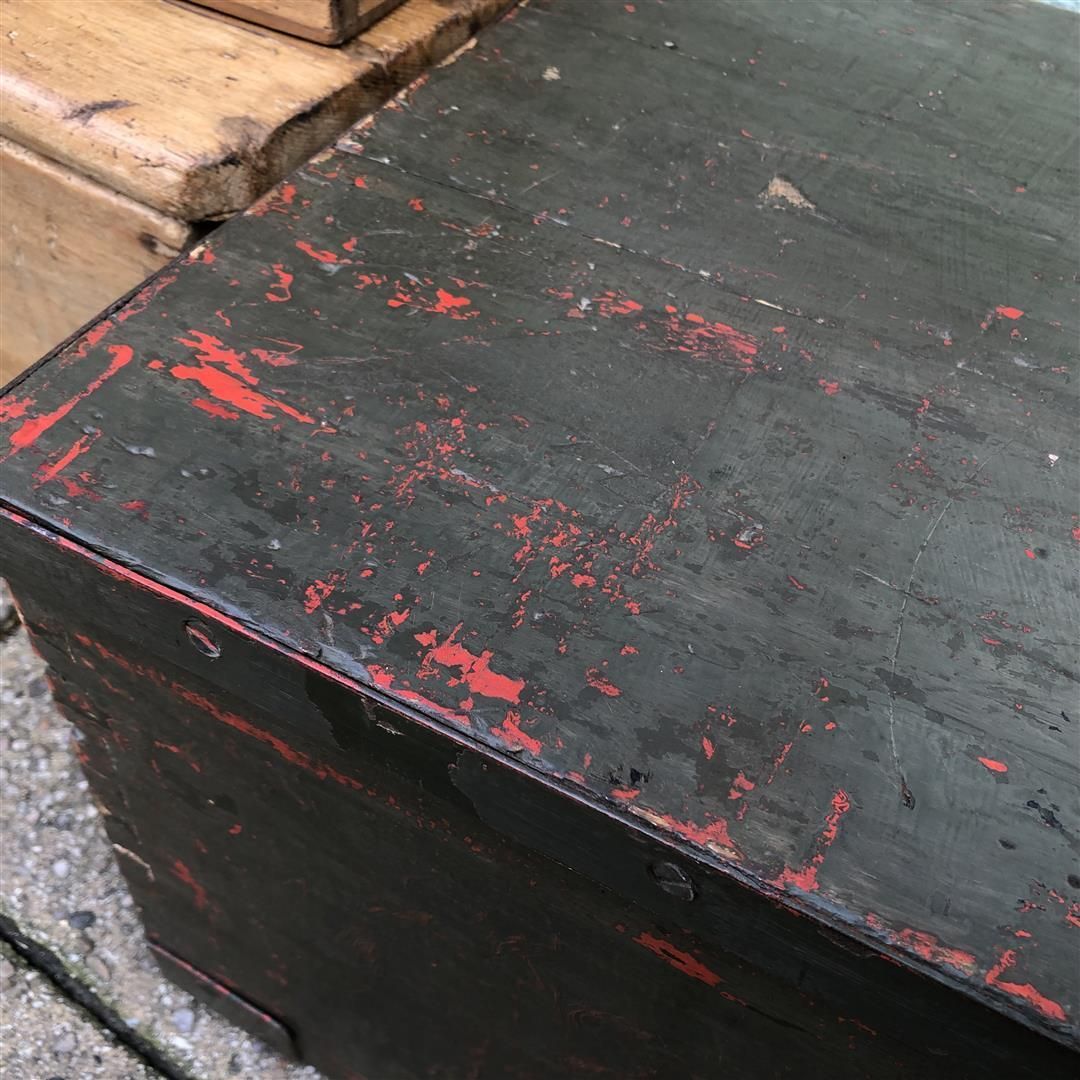 photo furniture Vintage Wooden Lockable Carry Box With Steel Bindings, In Green Paint, Possibly Military