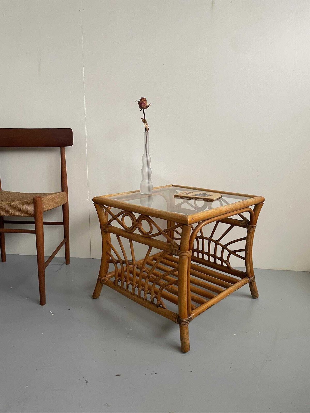 Vintage Square Bamboo Side Or Coffee Table With Glass Top And Cane Binding
