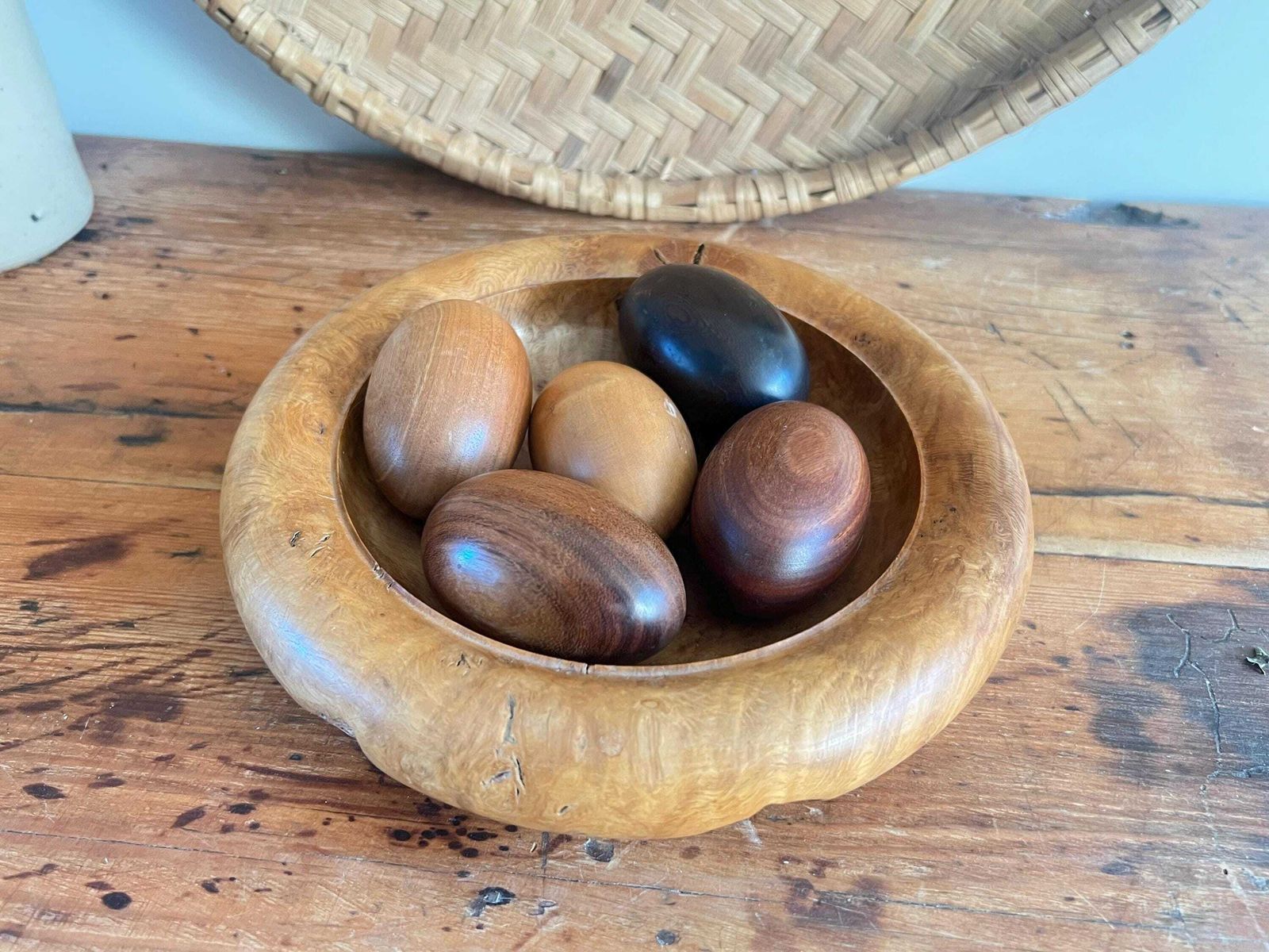 photo buy Roger Marwood Signed Burr Oak Bowl & 5 Numbered Specimen Eggs   English Oak, Ebony, Boxwood, Mahogany, Walnut   British Studio Woodturning