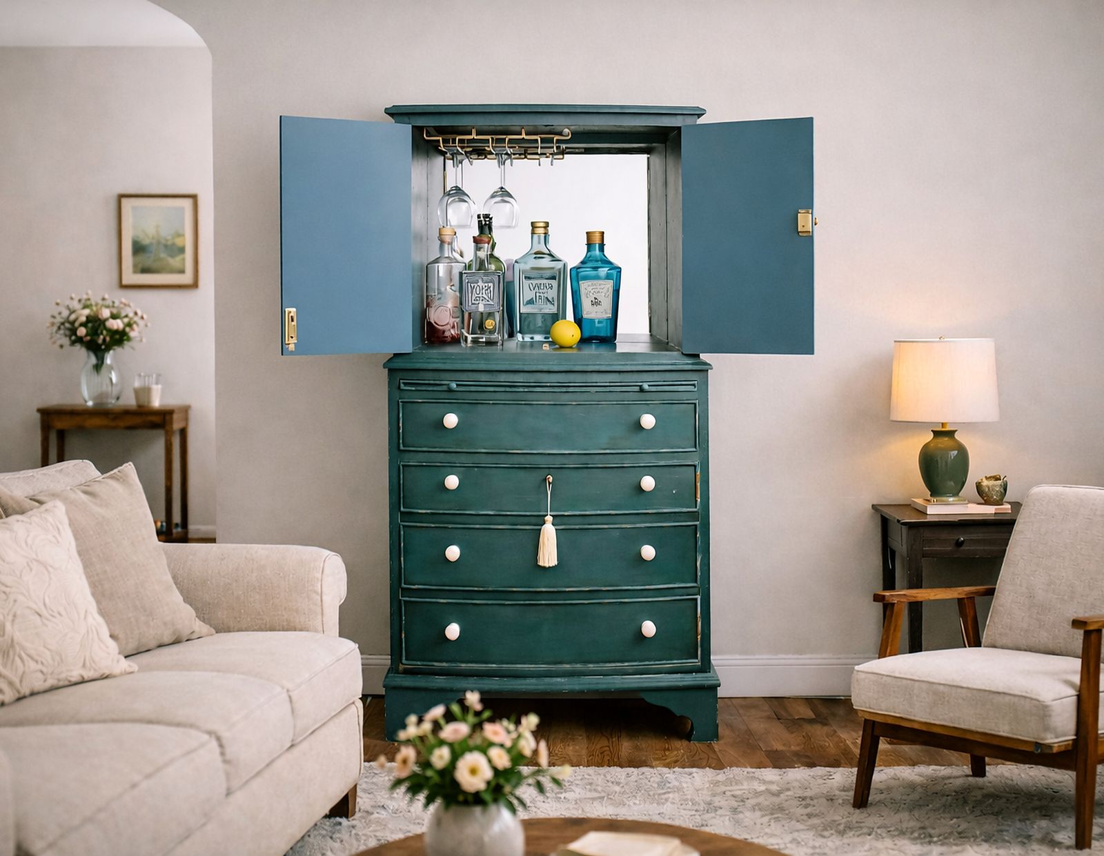 Green Floral Drinks Cabinet, Vintage 1960s photo vinterior
