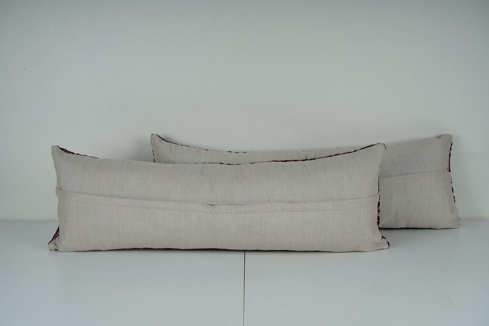 Set Of 2 Vintage Turkish Kilim Lumbar Pillow Covers, Burgundy Geometric Handmade Cushions photo Textiles