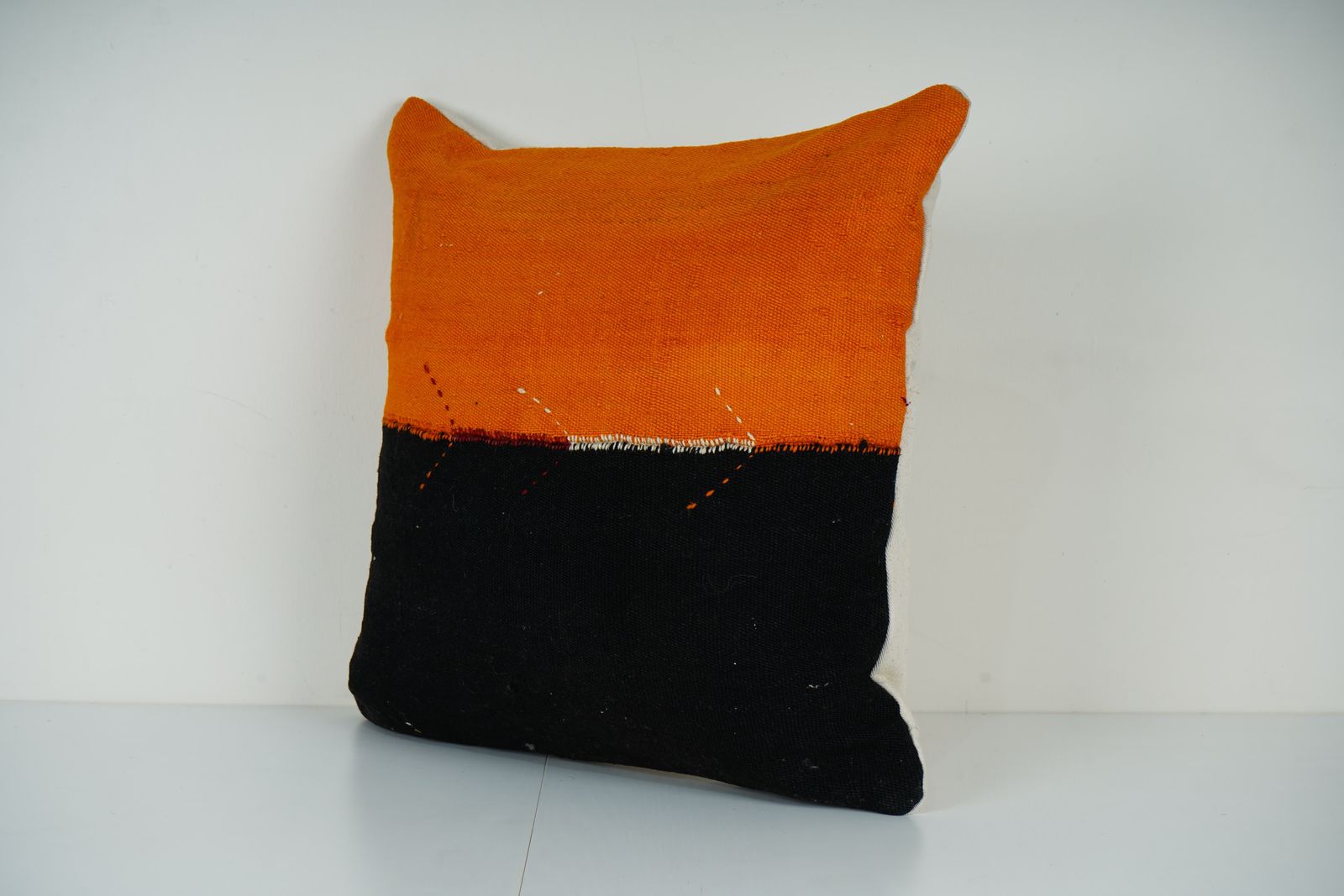 Turkish Kilim Pillow Cover, Burnt Orange & Black Color Block Handmade Cushion photo for sale