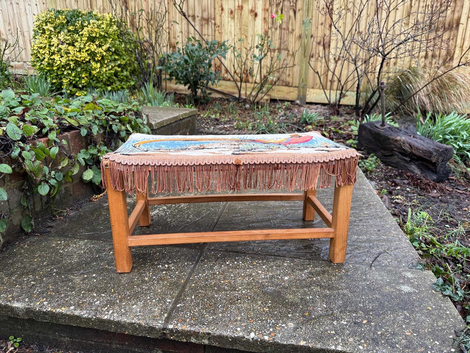 photo for sale Retro Wooden Footstool With Woven String Seat Covered In A Handwoven Tapestry Top And Decorative Fringe   Pheasant Pattern (54cm W X 30cm H)