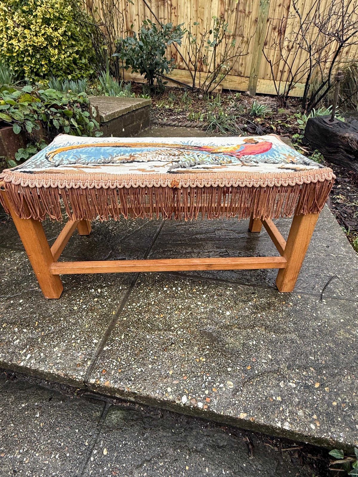 photo vintage Retro Wooden Footstool With Woven String Seat Covered In A Handwoven Tapestry Top And Decorative Fringe   Pheasant Pattern (54cm W X 30cm H)