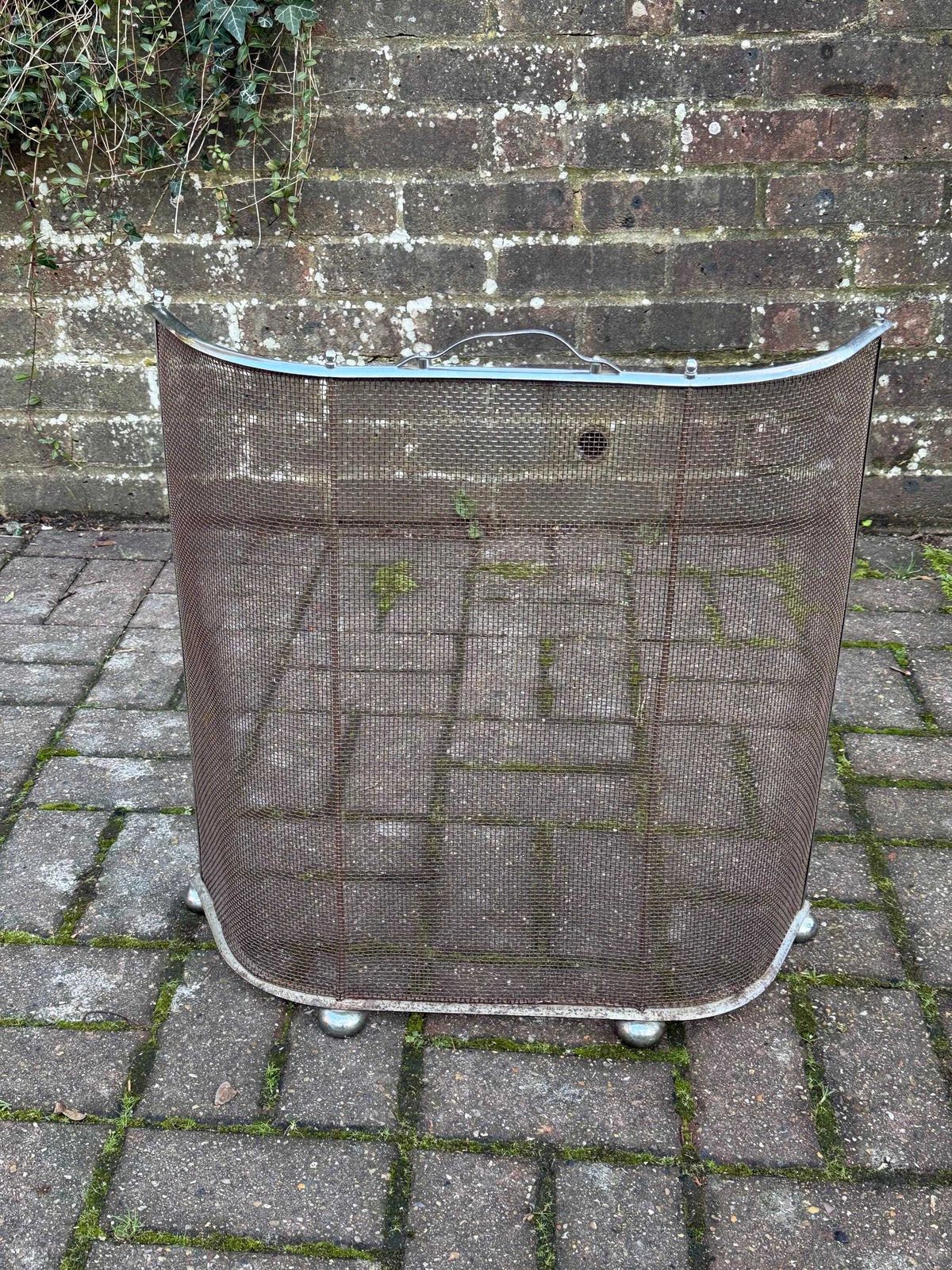 Art Deco Metal Fire Screen With Curved Chrome Frame And Mesh Spark Guard photo furniture
