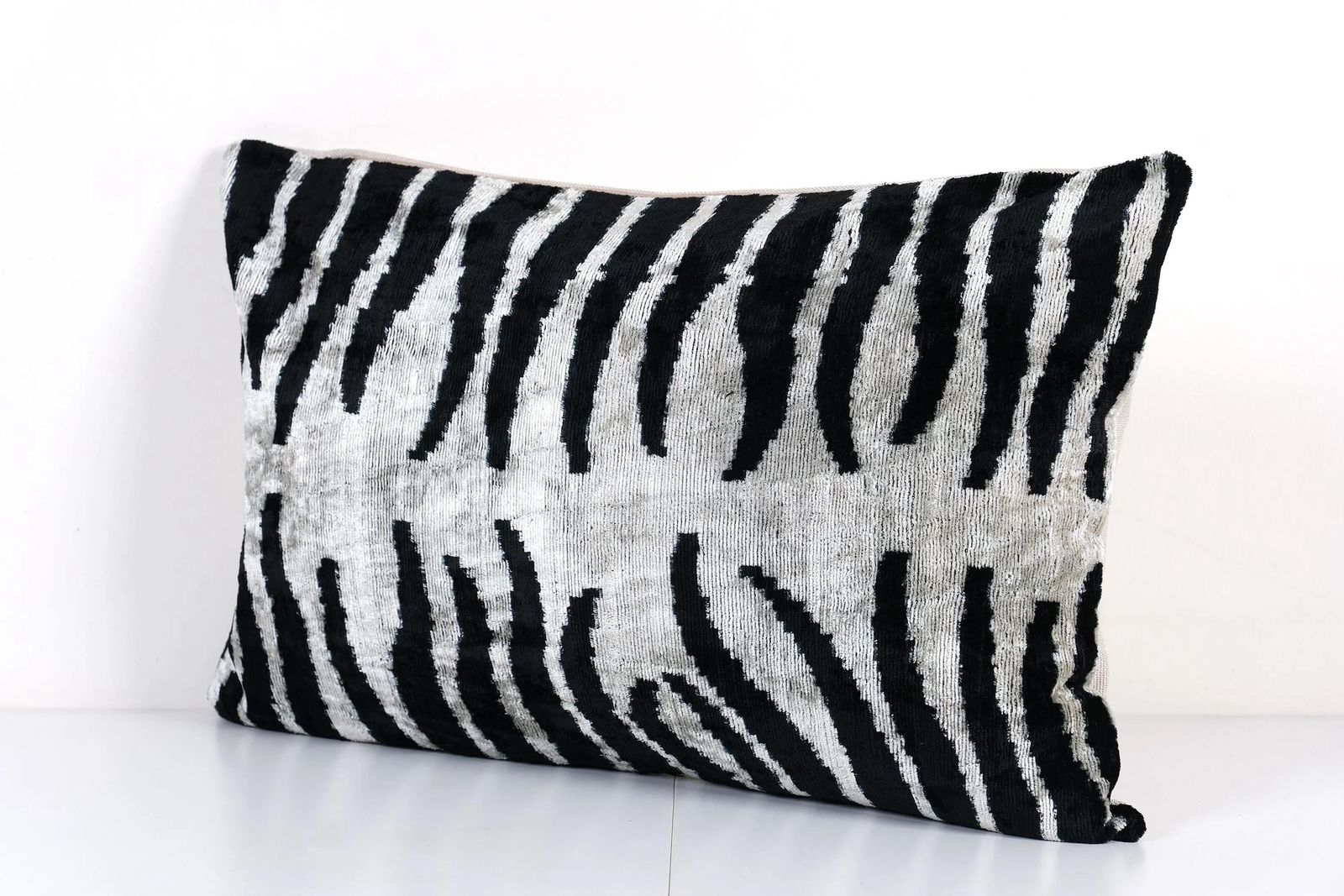 Silk Ikat Velvet Pillow Cover – Black And Beige Zebra, Turkish Cushion photo for sale
