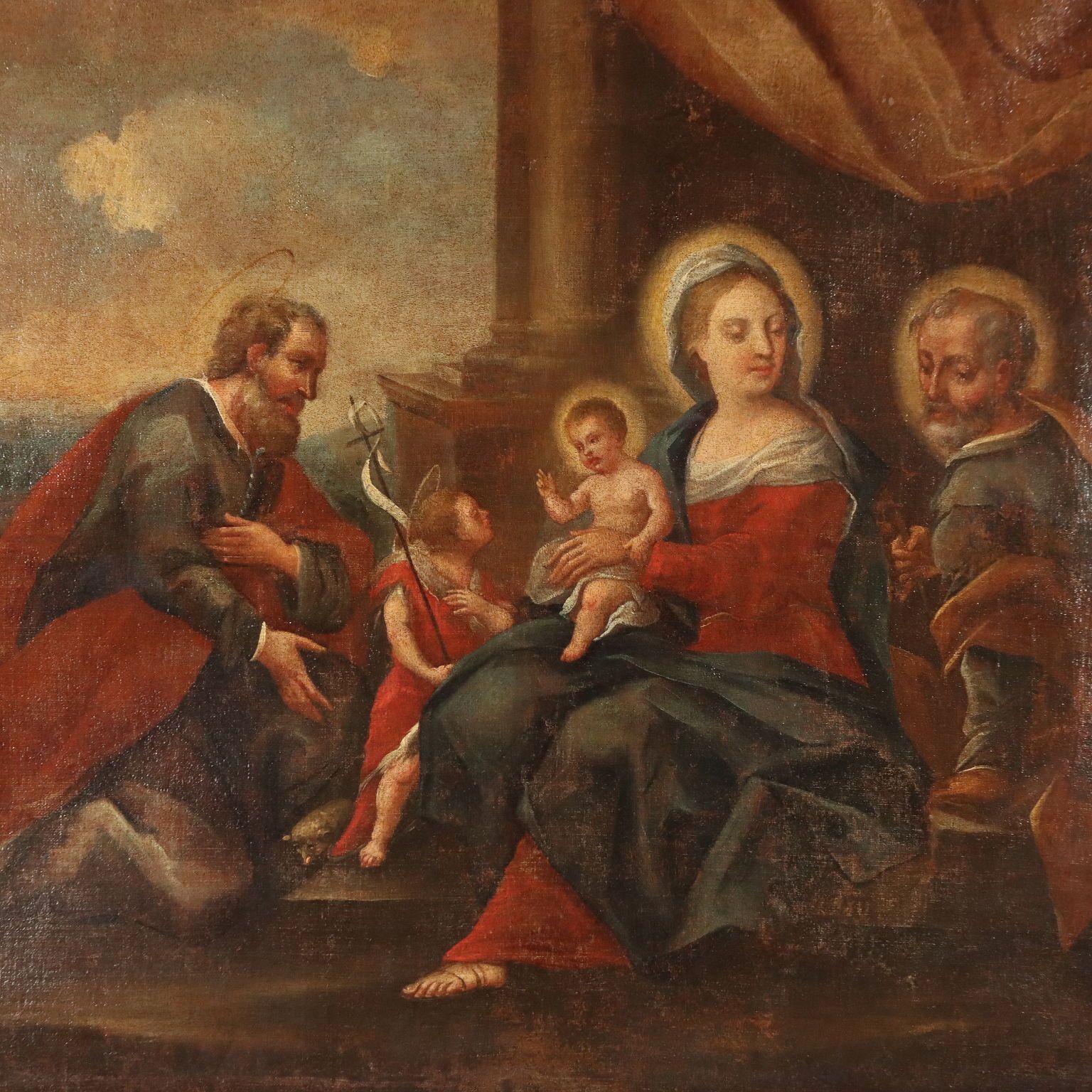 The Holy Family With Saints Antique Painting XVII XVIII Century photo for sale