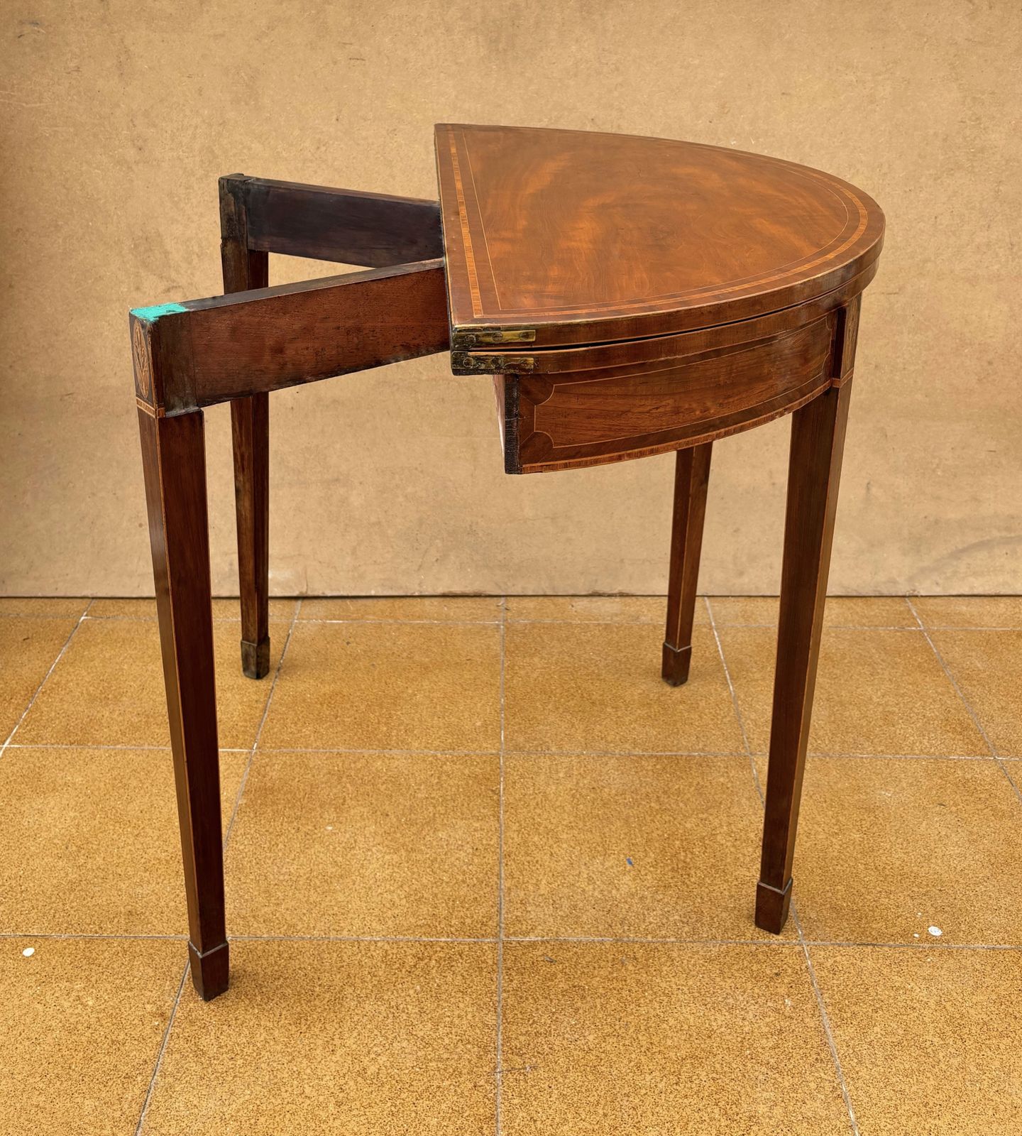 photo for sale Neoclassical Demi Lune Table With Green Leather Top, 1940s