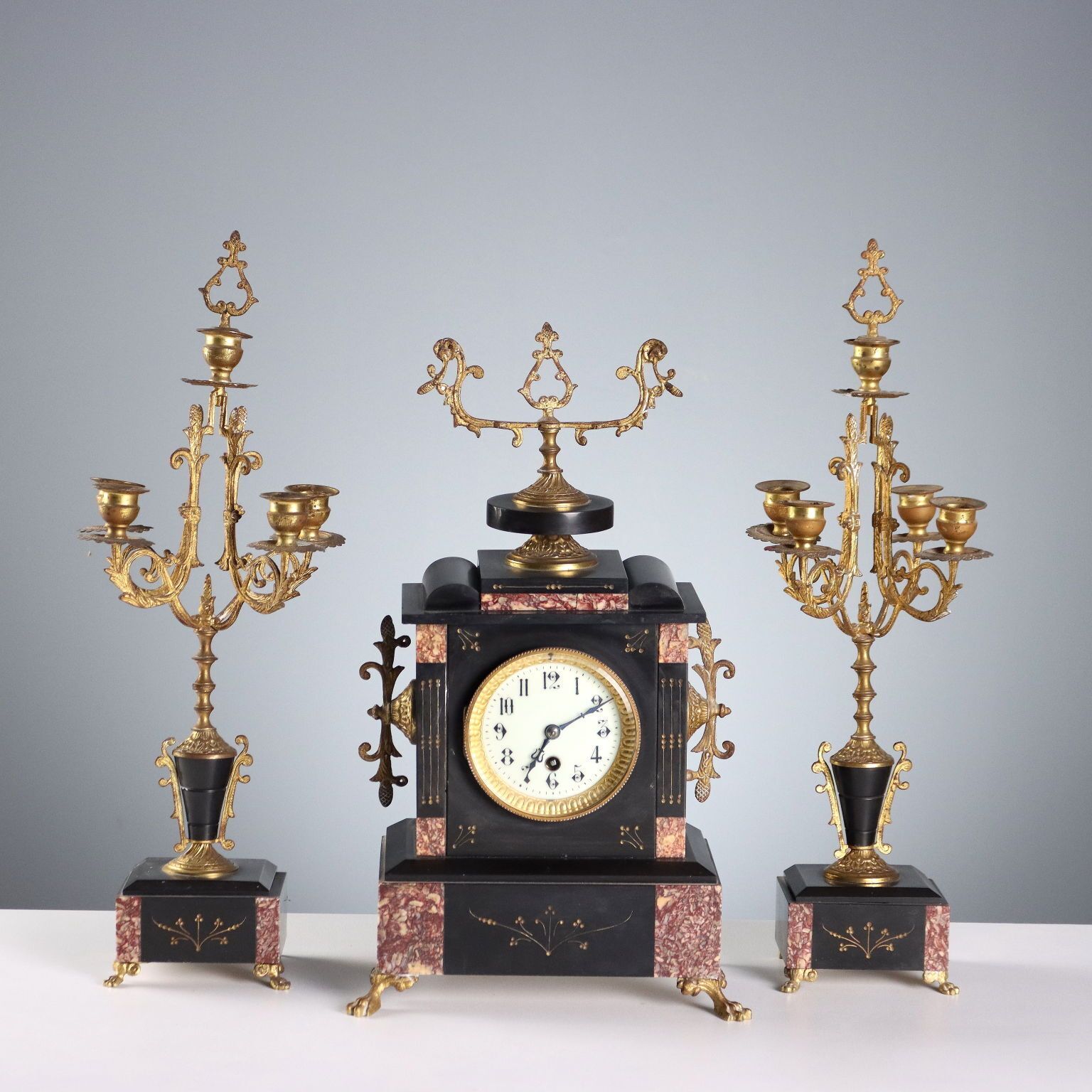 Antique Triptych Clock Bronze Marble Decorations France XIX XX Century