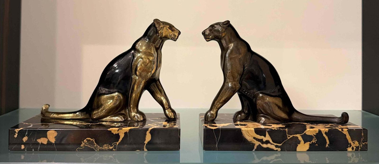 Pair Of French Art Deco Sculptural Bookends With Panthers , 1930s photo furniture