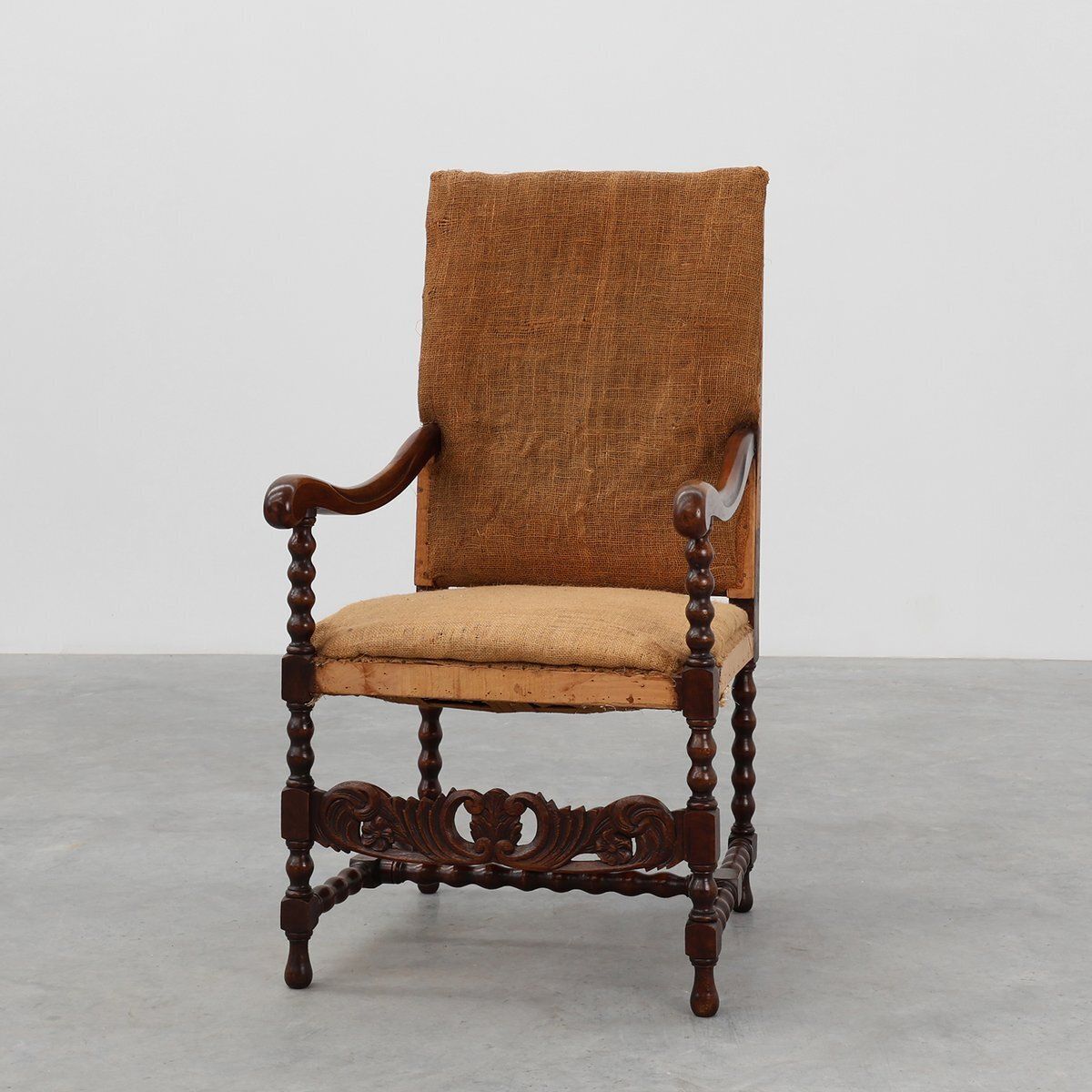 Antique Belgian Baroque Armchair In Wood And Leather, 1700s