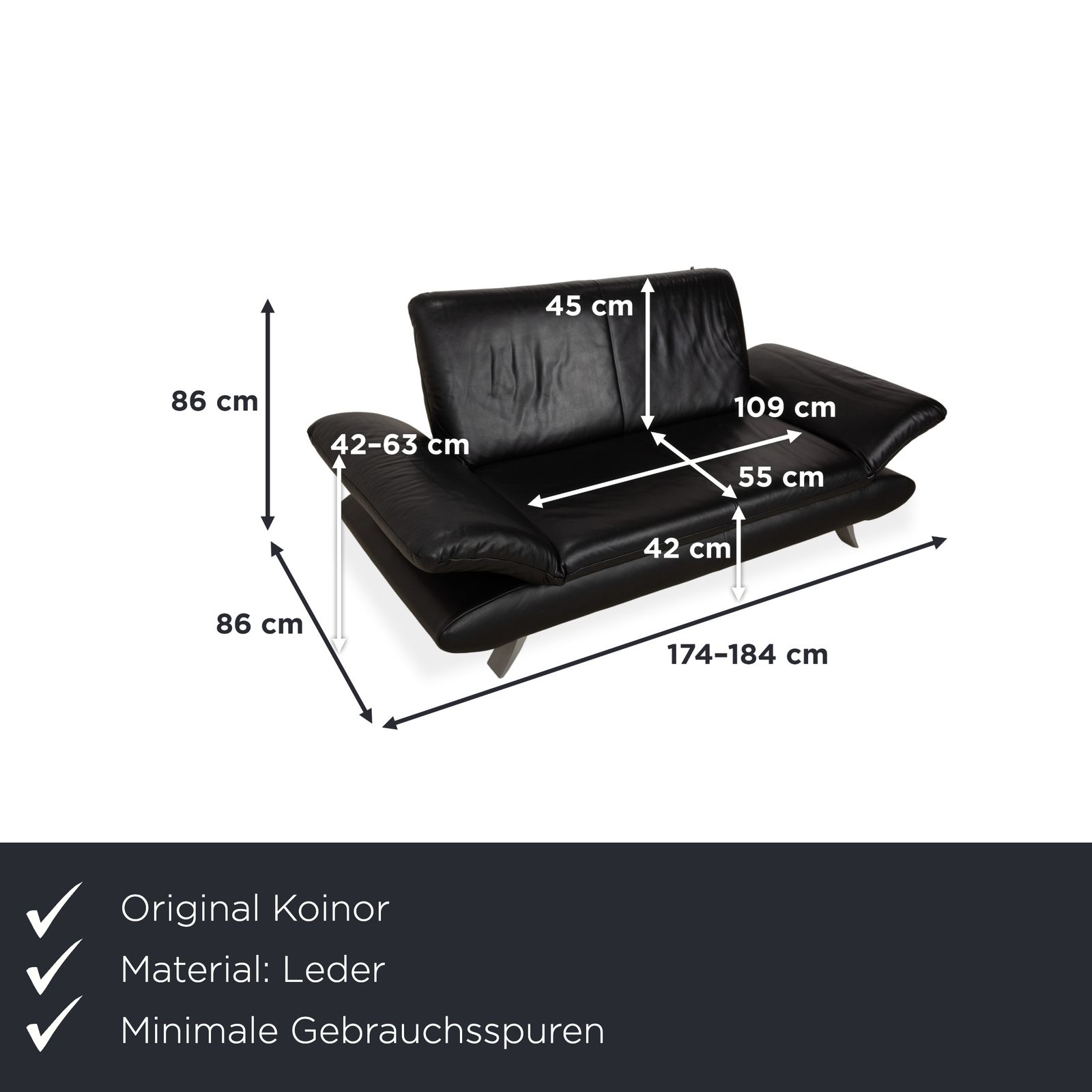 Koinor Rossini Two Seater Leather Sofa Black Manual Function photo furniture