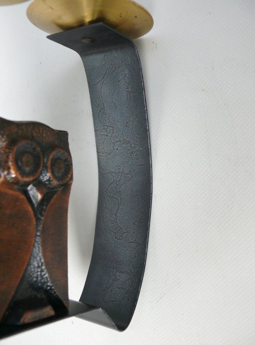 photo vinterior Arts And Crafts Wrought Iron, Brass & Copper Plated Owl Candleholder, 1890s