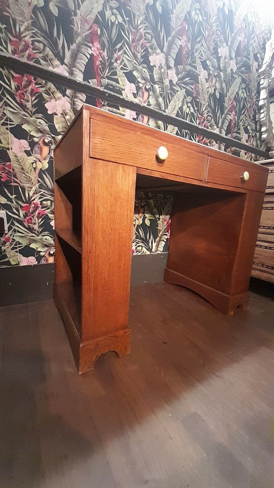 Art Deco Vintage Solid Light Oak Desk With Leather Top And Shelves photo buy