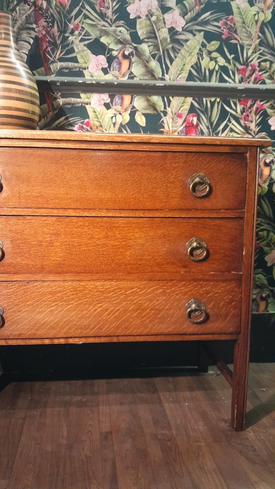 Antique Solid Oak Chest Of 3 Drawers With Original Handles photo for sale