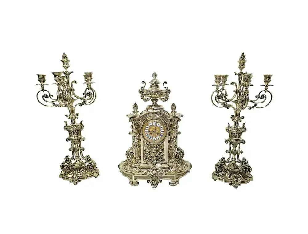 A Very Rare Large 19th Century French Bronze Clock Garniture Set Fully Restored And Polished
