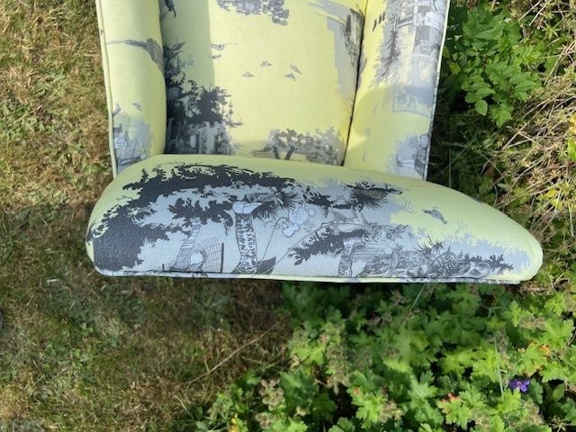 Edwardian Armchair Newly Reupholstered And Covered In Timorous Beasties New York Toile photo for sale