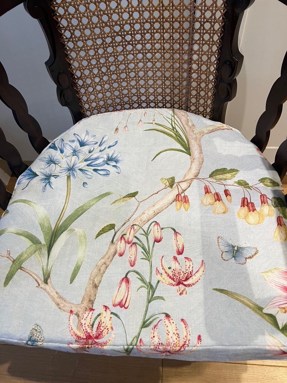 Antique Berger Cane Chair With New Cushion Covered In Colefax And Fowler Fabric photo for sale