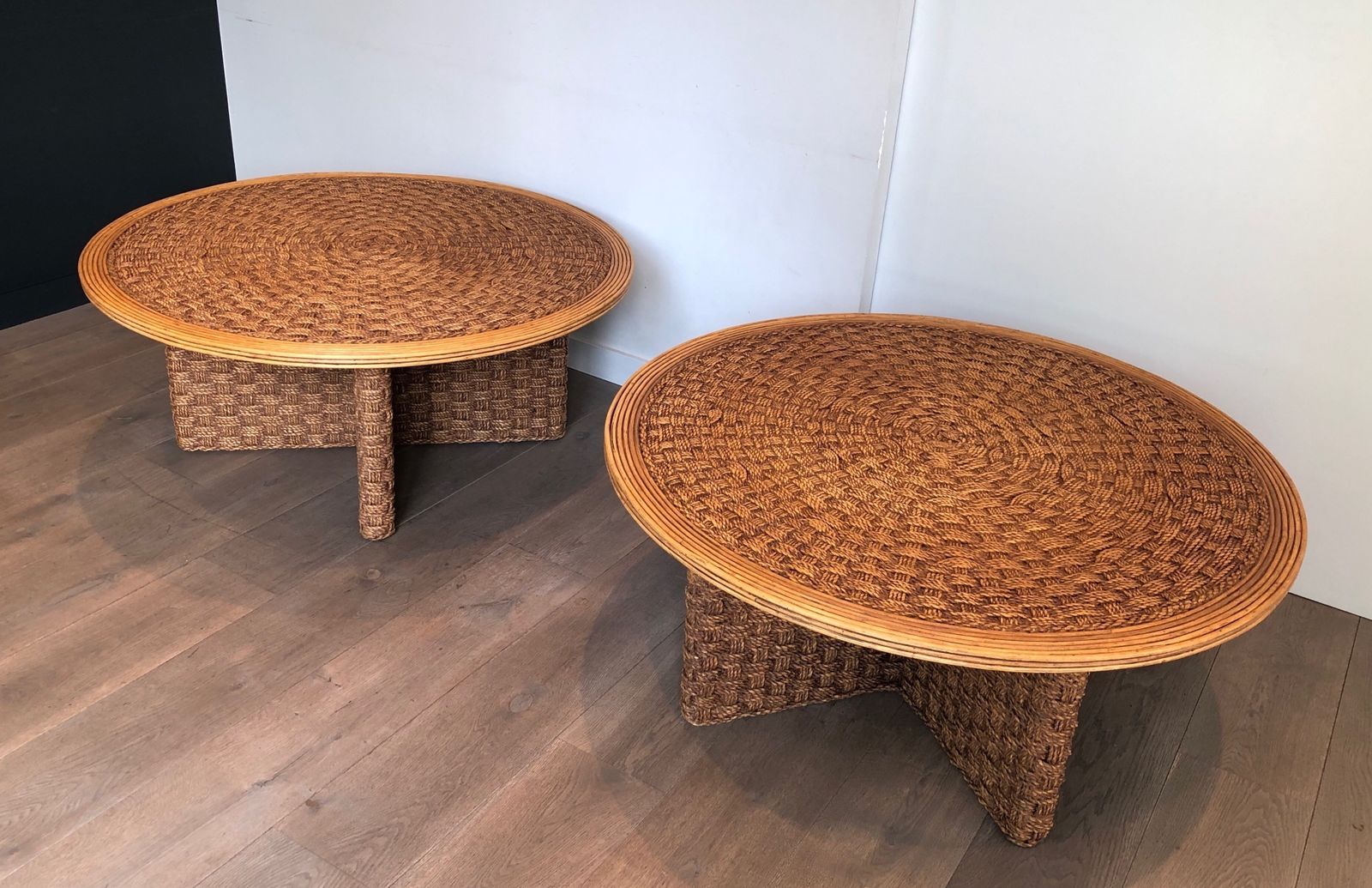 Pair Of Important Round Coffee Tables In Rope And Wood In The Taste Of Audoux Minet photo furniture