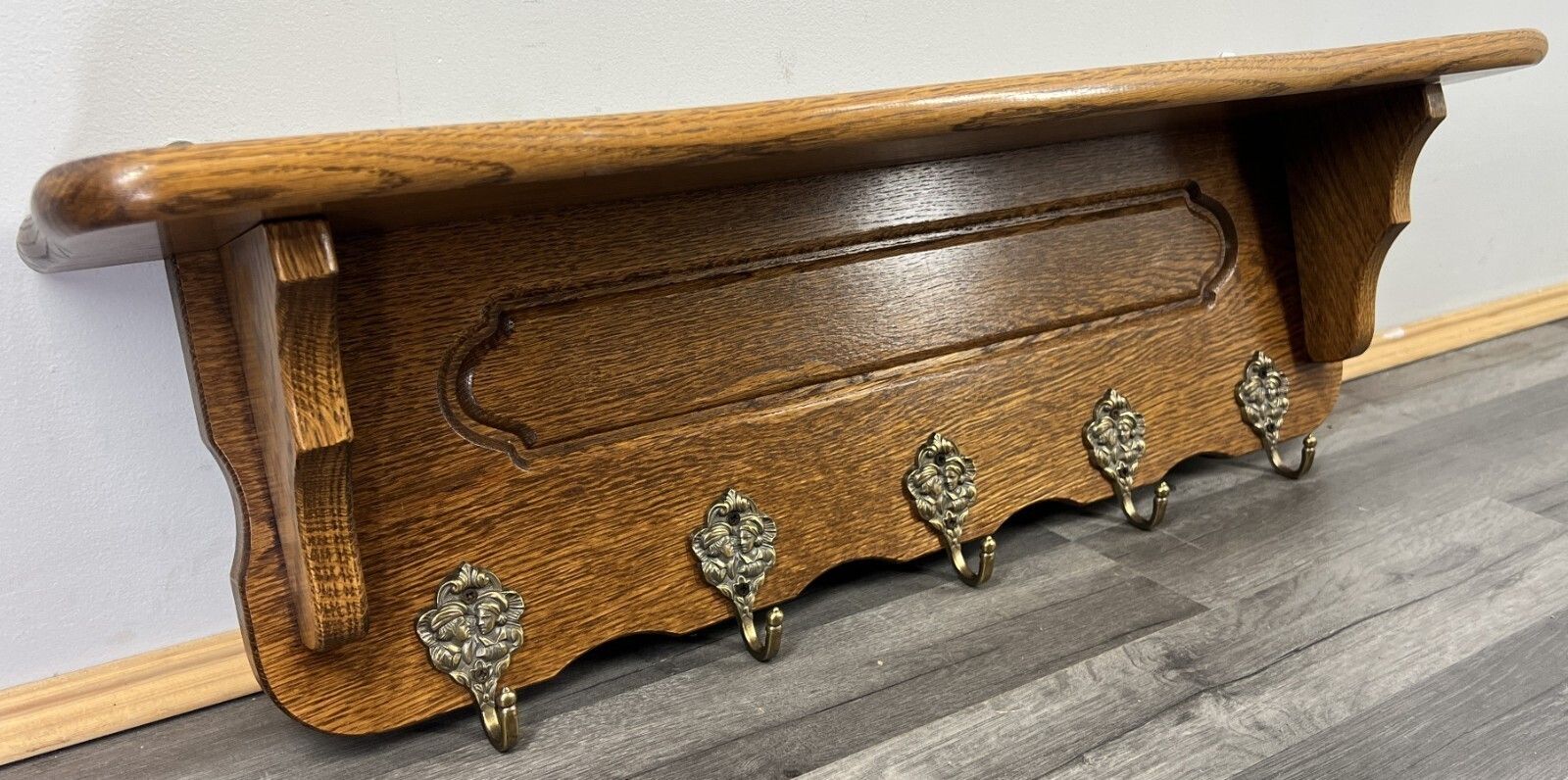 French Vintage Style Coat Rack Oak 5 Hooks Ornate Wall Shelf Coat Lot 4724