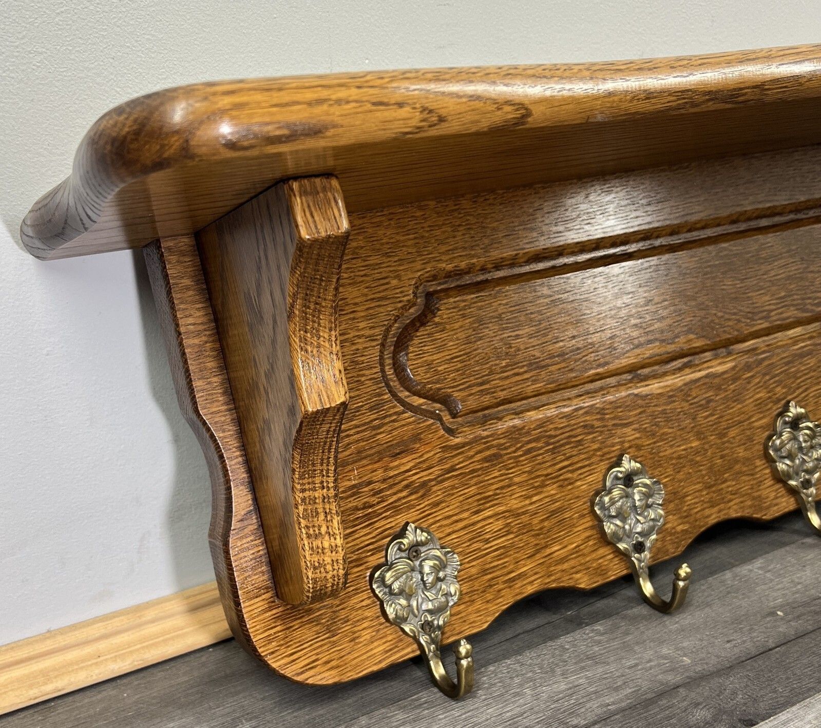 French Vintage Style Coat Rack Oak 5 Hooks Ornate Wall Shelf Coat Lot 4724 photo buy