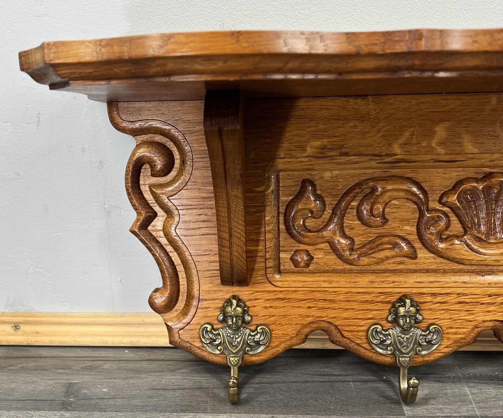 French Vintage Style Coat Rack Oak 4 Hooks Ornate Wall Shelf Coat Lot 4726 photo Furniture